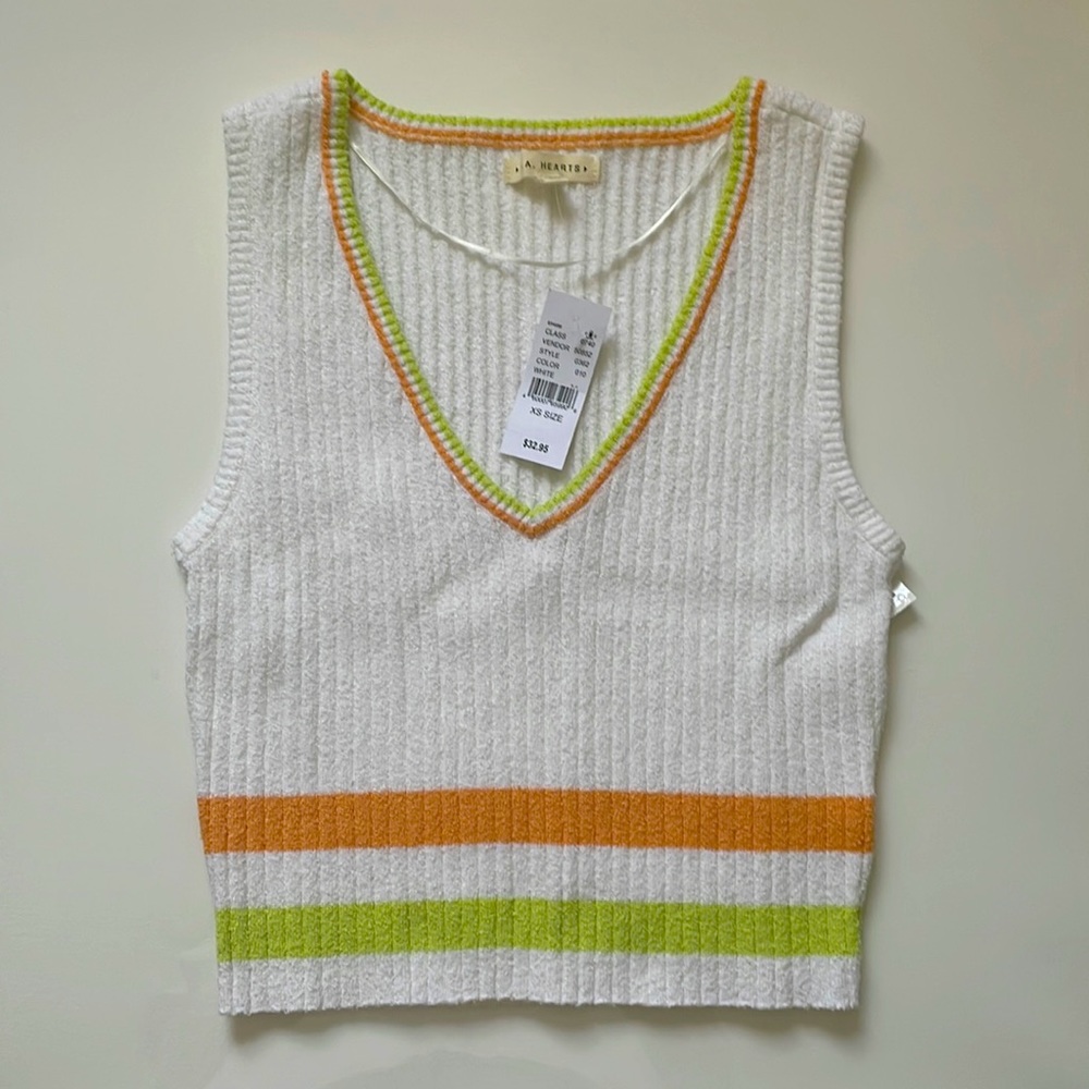 PACSUN L.A. HEARTS White V-Neck Sweater Vest with Green and Orange trim